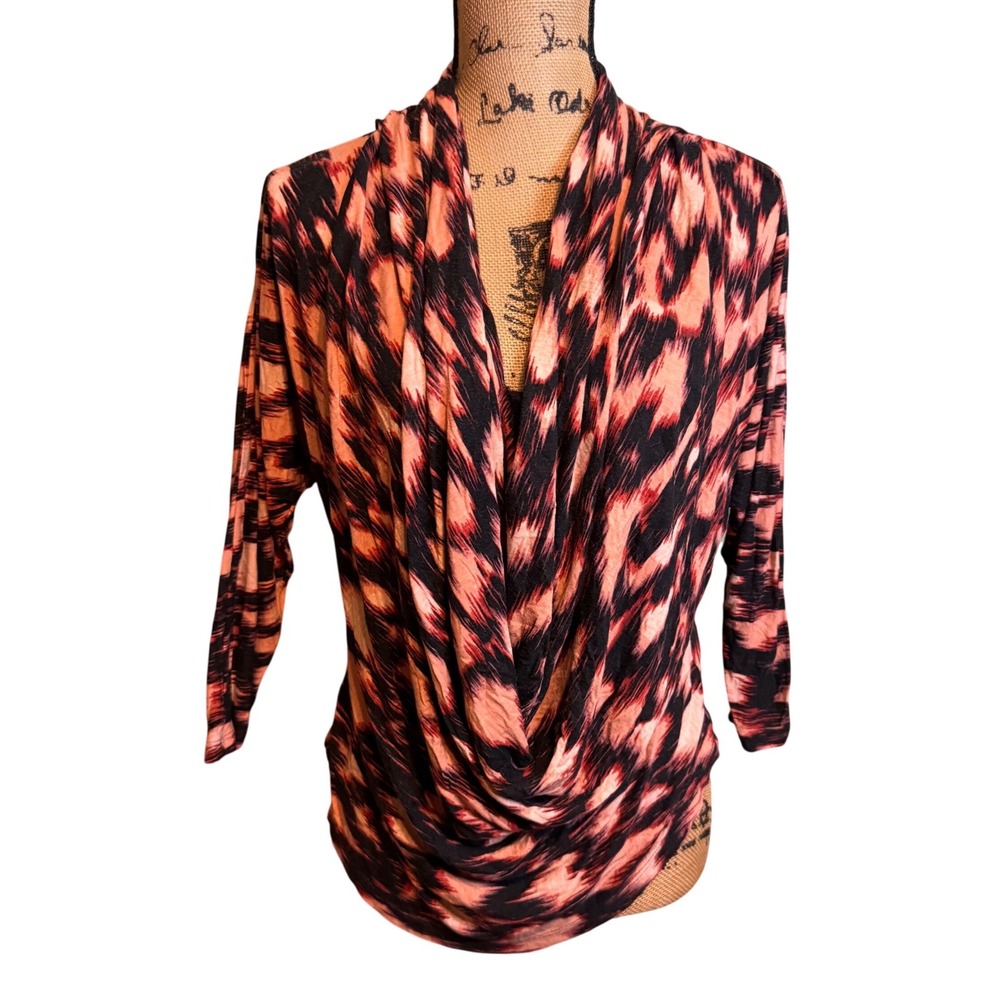 Jennifer Lopez Coral Black Ikat Animal Print Cowl Neck Draped Top Medium